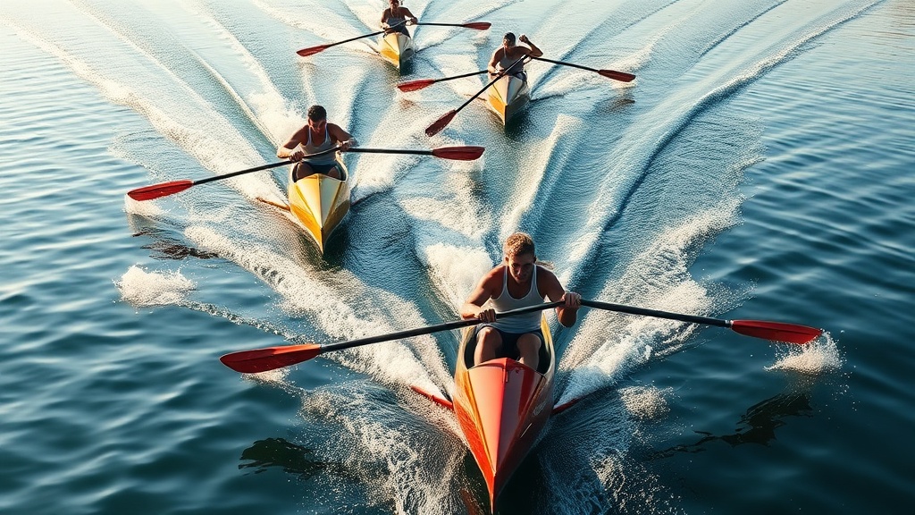 카누 경기에서 다수의 선수들이 노를 젓는 경기 장면